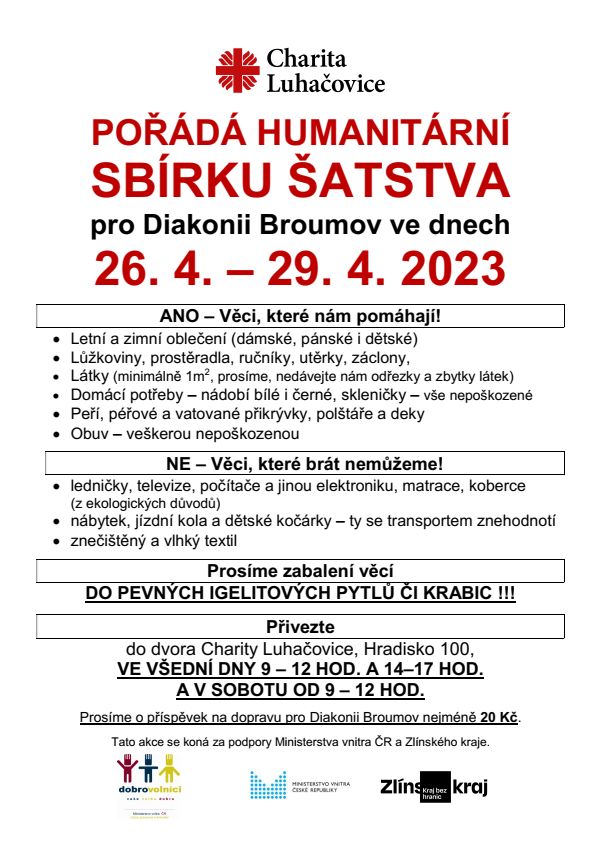 HUMANITÁRNÍ SBÍRKA ŠATSTVA pro Diakonii Broumov ve dnech 26. 4. – 29. 4. 2023