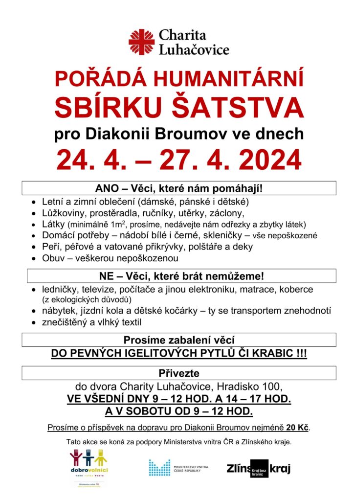 SBÍRKA ŠATSTVA pro Diakonii Broumov ve dnech 24. 4. – 27. 4. 2024